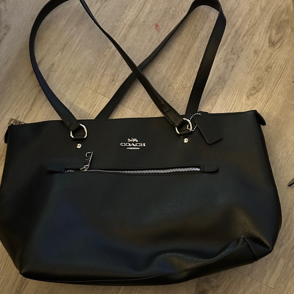 Coach Black Leather Tote with Silver Accents